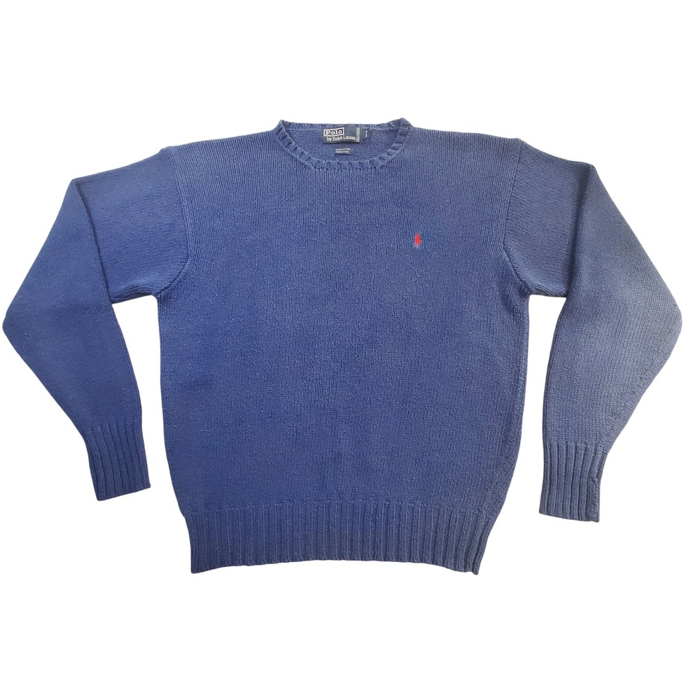 Polo Ralph Lauren Mens Blue 100% Cotton Ribbed Crewneck Sweater Size M Vintage